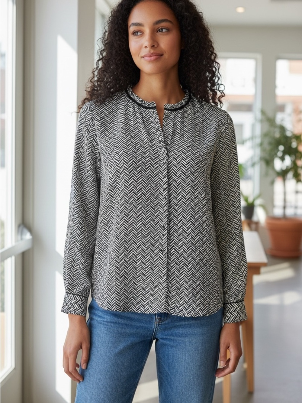 Susan Graver 18W Plus Black White Chevron Blouse Long Sleeve Career Top